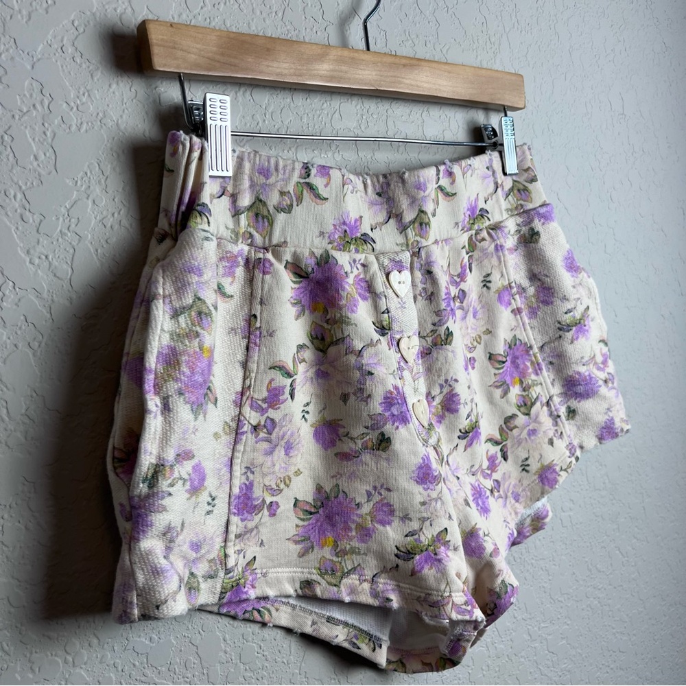 LoveShackFancy Renato Floral Print Shorts M Cotton Jersey Ultra Violet Clouds - Picture 8 of 14